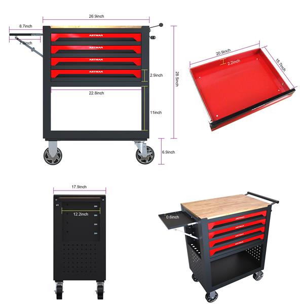 4 DRAWERS MULTIFUNCTIONAL TOOL CART WITH WHEELS AND WOODEN TOP