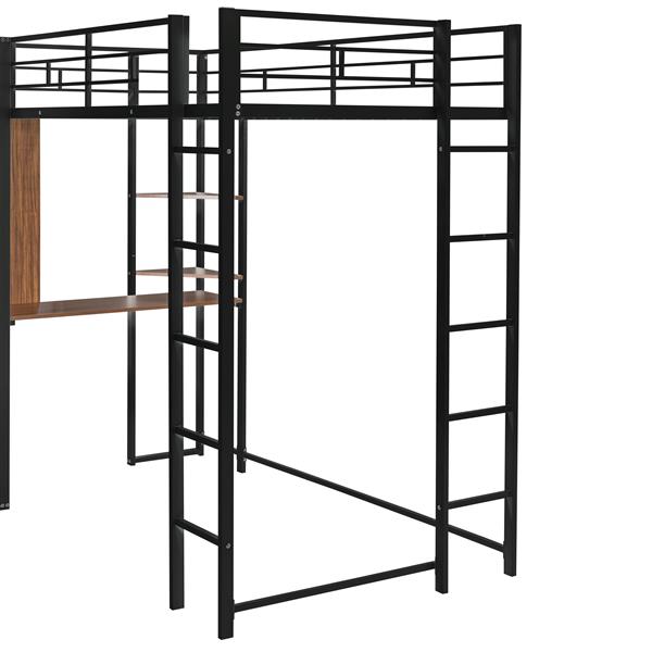 Twin Metal Loft Bed with 2 Shelves and one Desk ,BLACK