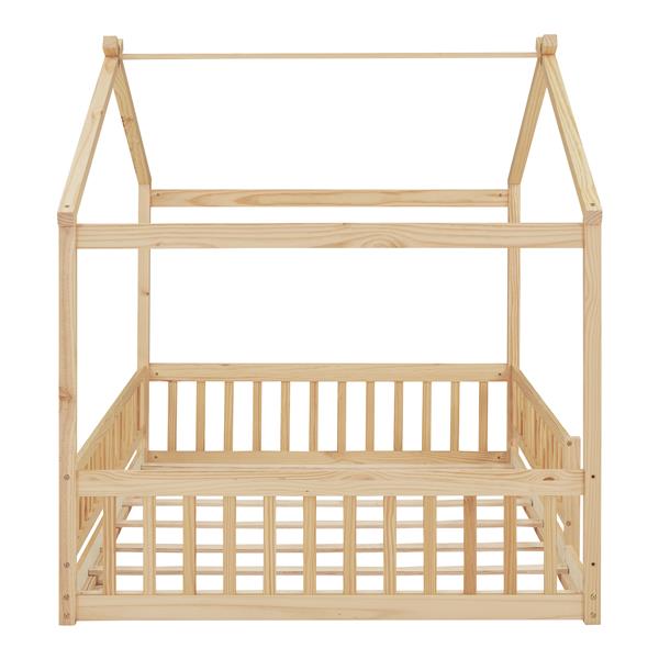 Full Size Wood Bed House Bed Frame with Fence, for Kids, Teens, Girls, Boys,Natural