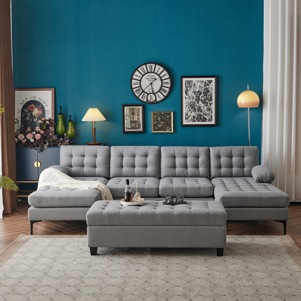 110 inch Sleeper Sectional Sofa Set with Storage Ottoman, U-Shaped 4-Seat Sofa Couch for Living Room, Light Grey ﻿