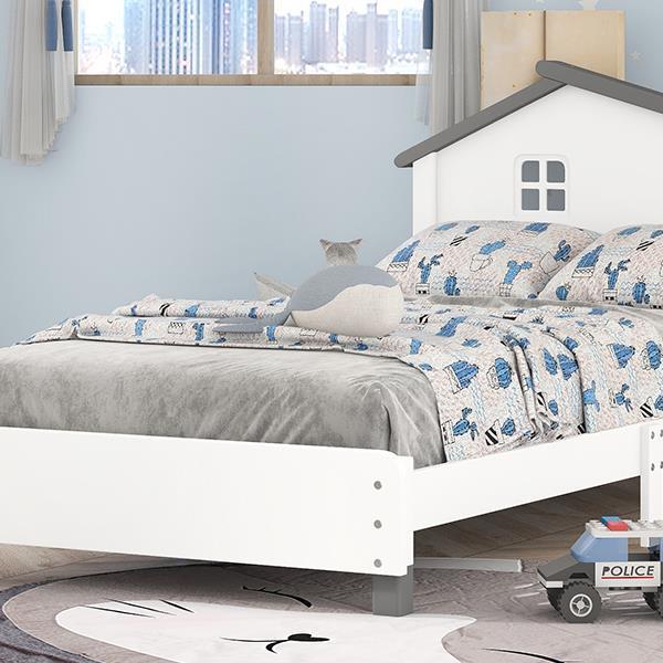 Twin Size Wood Platform Bed with House-shaped Headboard  (White+Gray)