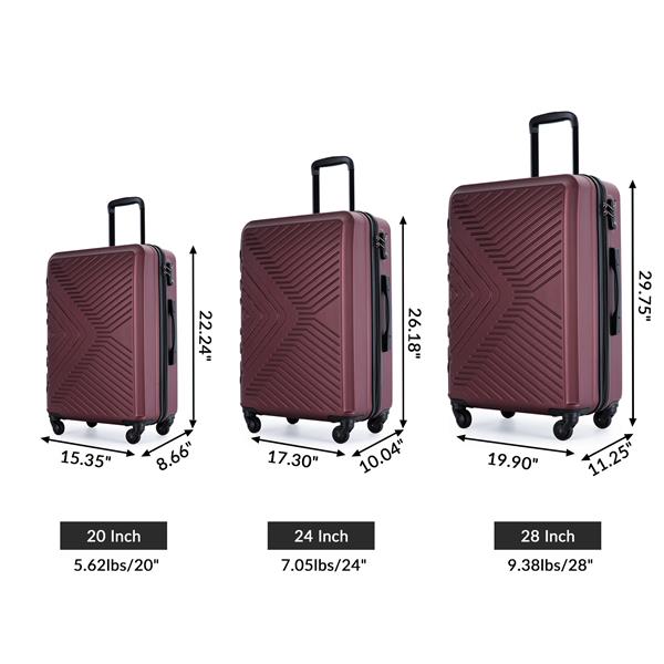 3 Piece Luggage Sets ABS Lightweight Suitcase with Two Hooks, Spinner Wheels, TSA Lock, (20/24/28) Wine Red