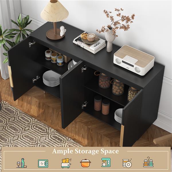 Black Modern Buffet Cabinet with Storage, Fluted Sideboard Large Buffet with Adjustable Shelves, Credenza, Accent Cabinet Console Table