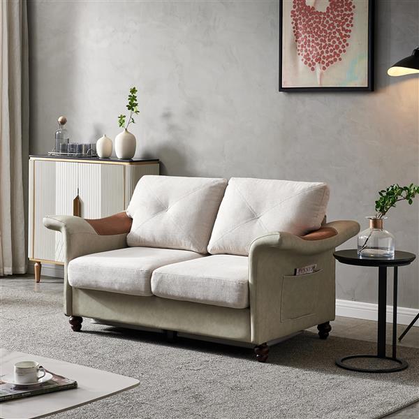 Living Room General Use Linen Fabric Faux Leather with Wood Leg Love Seat (Beige)