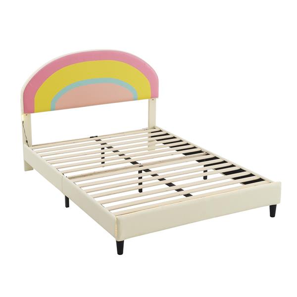 Full Size Upholstered Platform Bed with Rainbow Shaped and Height-adjustbale Headboard,LED Light Strips,Beige