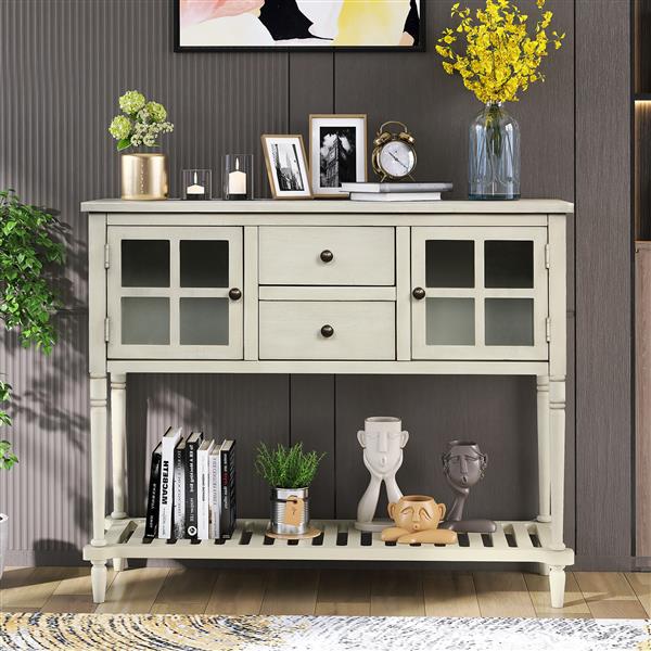 Sideboard Console Table with Bottom Shelf, Farmhouse Wood/Glass Buffet Storage Cabinet Living Room (Antique Grey)