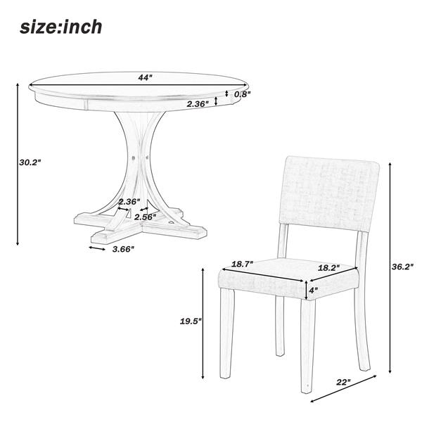 5-Piece Retro Round Dining Table Set with Curved Trestle Style Table Legs and 4 Upholstered Chairs for Dining Room (Taupe)