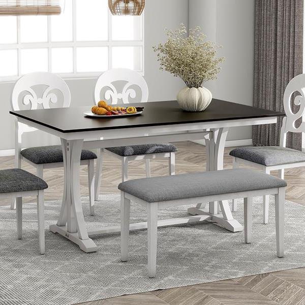 Mid-Century 6-Piece Trestle Table Set with Victorian Round Upholstered Dining Chairs and Long Bench, Gray+Antique White