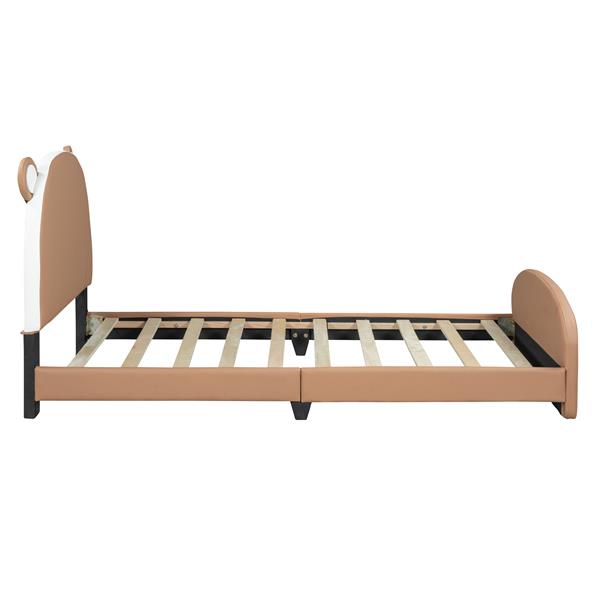 Twin Size Upholstered Platform Bed with Bear-shaped Headboard and Footboard,Brown+White