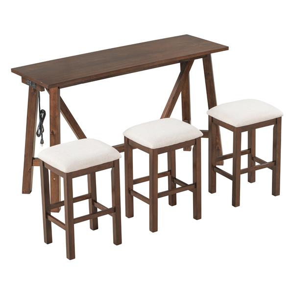 Multipurpose Home Kitchen Dining Bar Table Set with 3 Upholstered Stools(Dark Walnut)