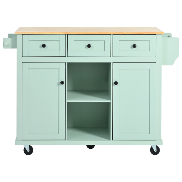 Kitchen Cart with Rubber wood Drop-Leaf Countertop ,Cabinet door internal storage racks,Kitchen Island on 5 Wheels with Storage Cabinet and 3 Drawers for Dinning Room, Mint Green 