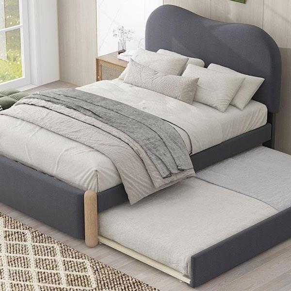 Twin Size Upholstered Platform Bed with Wood Supporting Feet and Twin Size Trundle, Gray