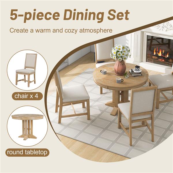 5-Piece Dining Set Extendable Round Table and 4 Upholstered Chairs Farmhouse Dining Set for Kitchen, Dining Room(Natural Wood Wash)