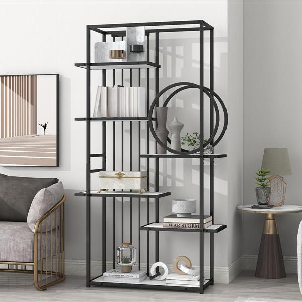 6 Tiers Home Office Bookcase Open Bookshelf with Black Metal Frame Storage Large Bookshelf Furniture, White