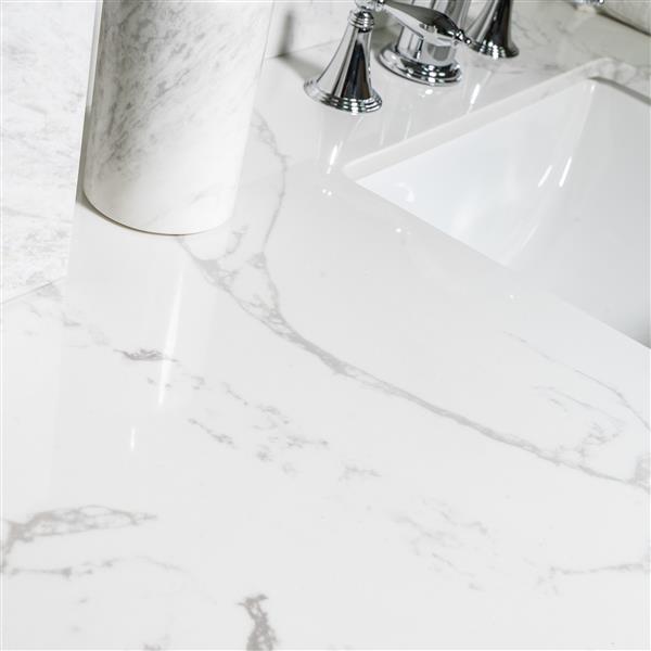 43x22 bathroom stone vanity top  engineered stone carrara white marble color with rectangle undermount ceramic sink and  3 faucet hole with back splash .