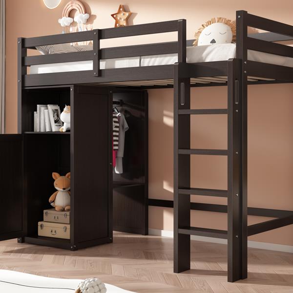 Twin Loft Bed with Wardrobe, Storage Shelves and Ladder, Espresso