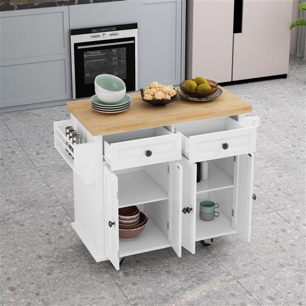 Kitchen Island Cart with Two Storage Cabinets and Two Locking Wheels,43.31 Inch Width,4 Door Cabinet and Two Drawers,Spice Rack, Towel Rack(White)