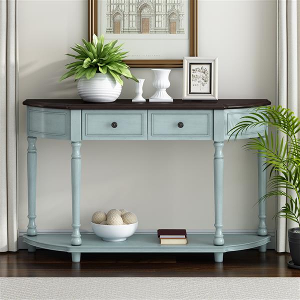 Retro Circular Curved Design Console Table with Open Style Shelf Solid Wooden Frame and Legs Two Top Drawers (Cherry + Antique Blue, OLD)