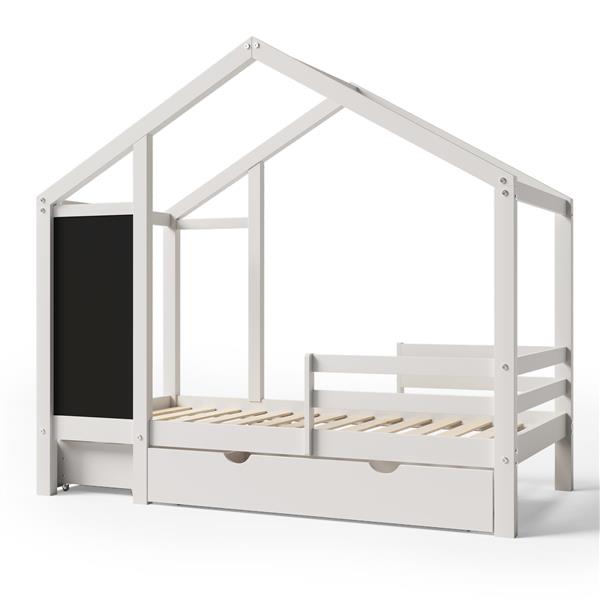 Twin House Bed with Blackboard and Drawers, Two assembly options, White