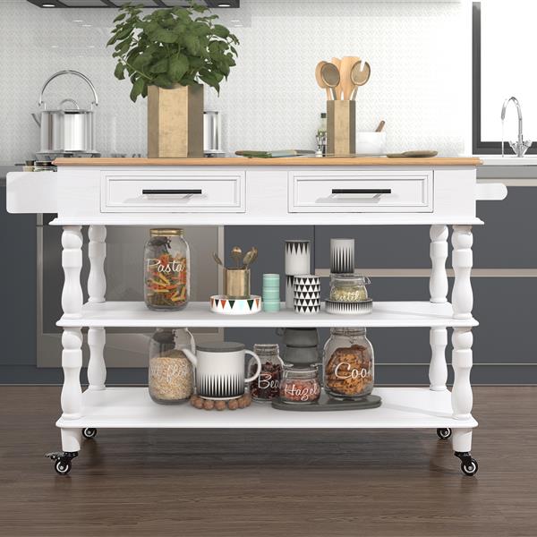 56 inch Rolling Kitchen Island with Storage,Kitchen Cart with Solid OAK Wood Top,Two-sided Kitchen island Cart on Wheels ,Wine and Spice Rack, Large Kitchen Cart with 2 Drawers, Milk White+Natural Top