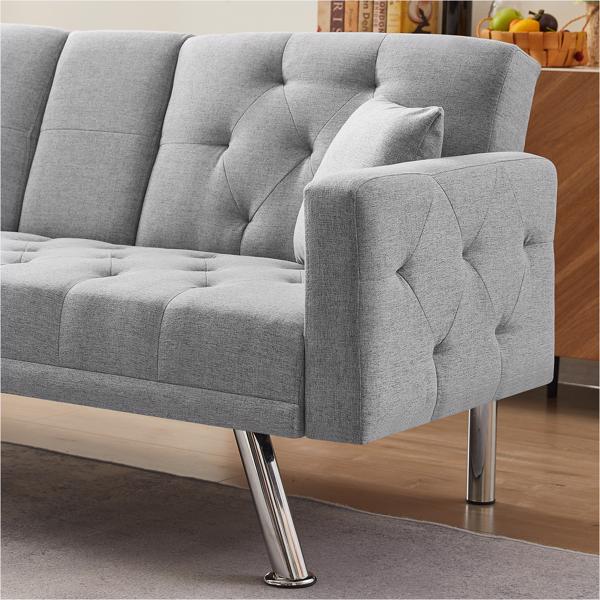 Grey Linen Convertible Sofa and Bed, Square Arm Armrests, Can Hold Water Cup, Two Pillow