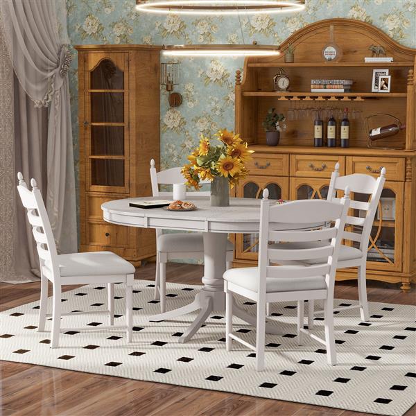 5-Piece Retro Functional Dining Table Set Wood Round Extendable Dining Table and 4 Upholstered Dining Chairs (Antique White)