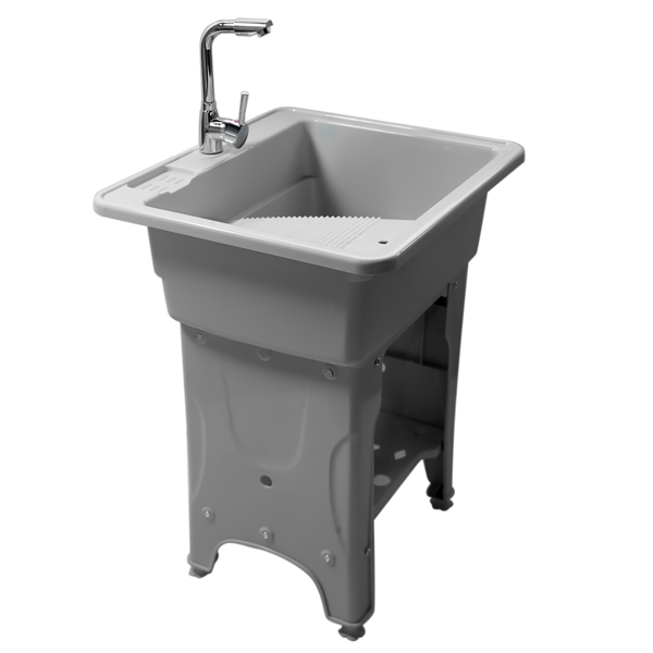 Gray Freestanding Plastic Utility Sinks Utility Sink Laundry Tub Outdoor Sink Drop in Deep Sink Kit with Inlet Pipe and Drain Pipe