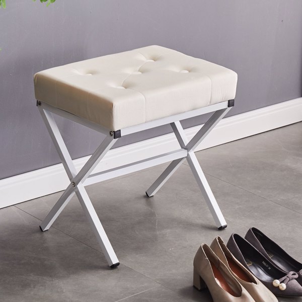 Ottoman Foot Stool Tufted Vanity Stool Ottomans Thickened Cushion Footstool Mulifunctional Shoe Changing Seat Step Stools with Metal X Leg for Living Room Bedroom White Velvet