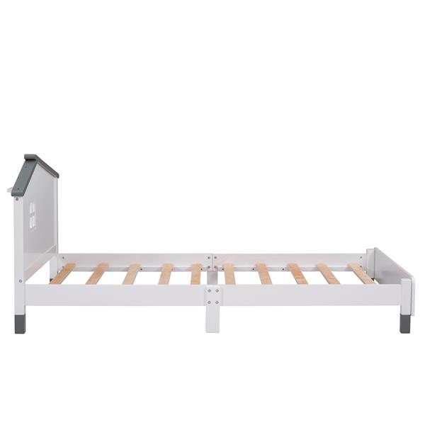 Twin Size Wood Platform Bed with House-shaped Headboard  (White+Gray)