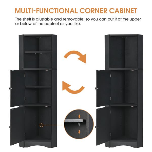 Tall Bathroom Corner Cabinet,  Storage Cabinet with Doors and Adjustable Shelves, MDF Board, Black