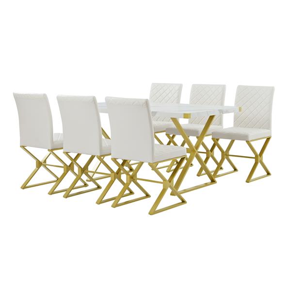 7-Piece Modern Dining Table Set, Rectangular Marble Texture Kitchen Table and 6 PU leather Chairs with X-Shaped ld Steel Pipe Legs for Dining Room (White)