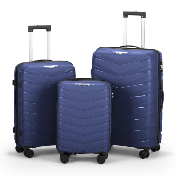 FCH V-shaped stripes 3-in-1 PP trolley case 20in 24in 28in PP iron trolley classic color - dark blue (grain pattern)