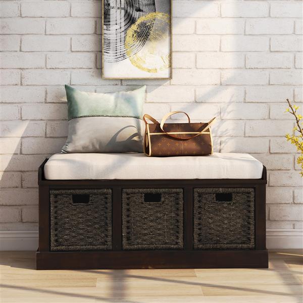 Rustic Storage Bench with 3 Removable Classic Rattan Basket , Entryway Bench with Removable Cushion (Espresso)