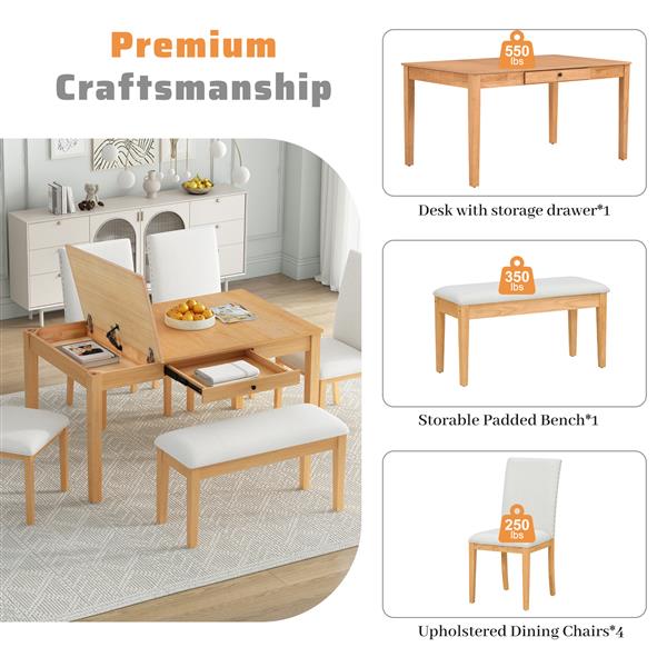 Farmhouse 6-Piece Dining Table Set with Storage Table, Kitchen Table Set with Drawer, Storable Bench and Upholstered Dining Chairs, Natural+Beige