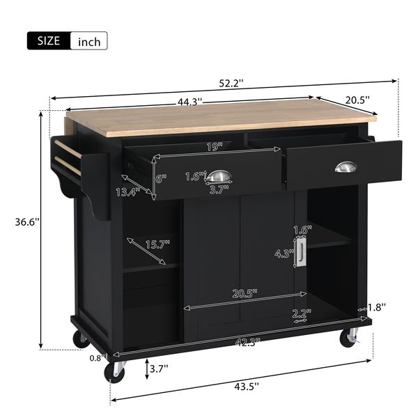 Kitchen Cart with Rubber wood Drop-Leaf Countertop, Concealed sliding barn door adjustable height,Kitchen Island on 4 Wheels with Storage Cabinet and 2 Drawers,L52.2xW30.5xH36.6 inch, Black