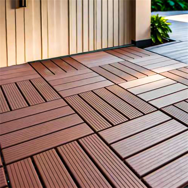 44PCS Straight stripe dark brown 11.8 "x11.8" (30cmx30cm) interlocking deck tiles - waterproof, non-slip, all-day outdoor inner patio floor -3D wood grain design ideal for courtyards, balconies