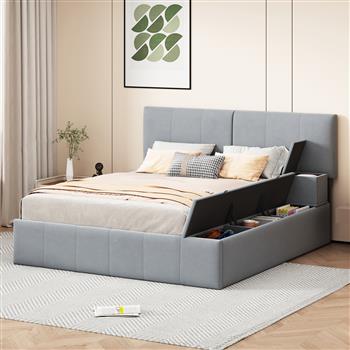 Queen Size Upholstered Platform Bed with Lateral Storage Compartments and Thick Fabric, Velvet, Gray