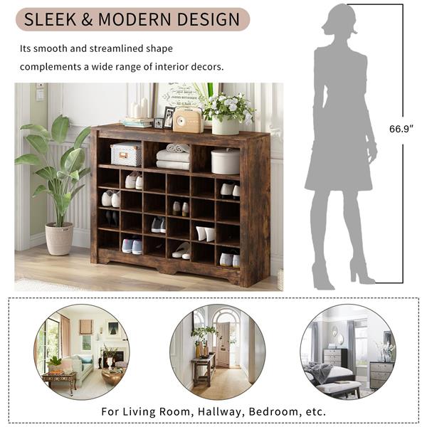 Sleek Design 24 Shoe Cubby Console, Modern Shoe Cabinet with Curved Base, Versatile Sideboard with High-quality for Hallway, Bedroom, Living Room, Rustic Brown