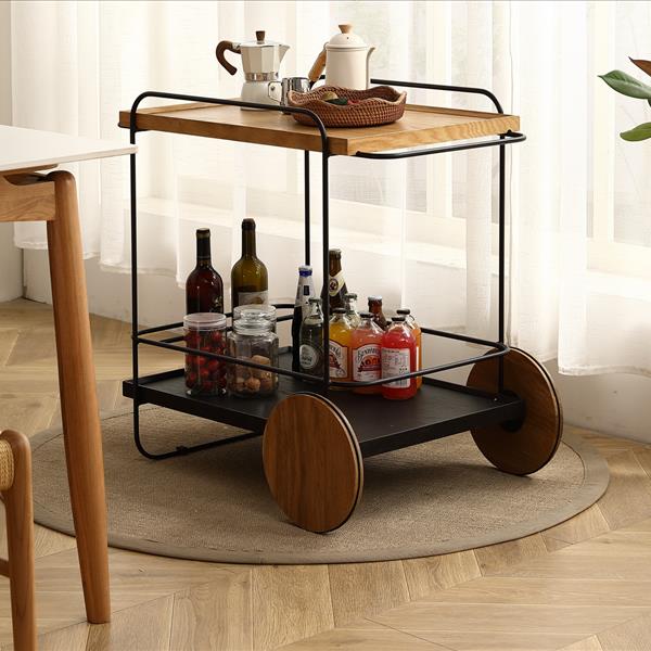 Oak Hotel Restaurant Cart - Small Dining Car 30.7 Inches - White Rubber and Carbon Steel Materials 30.71inch