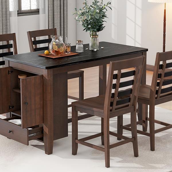 Counter Height 5-piece Dining Table Set with Faux Marble Tabletop, Solid Wood Table Set with Storage Cabinet and Drawer, Dark walnut