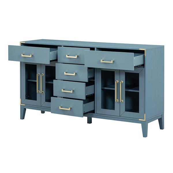 6-drawer and 2-Cabinet Retro Sideboard with Extra Large Storage Space, with ld Handles and Solid Wood Legs, for Kitchen and Living Room (Antique Blue)