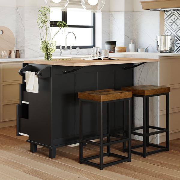 Farmhouse Kitchen Island Set with Drop Leaf and 2 Seatings,Dining Table Set with Storage Cabinet, Drawers and Towel Rack, Black+Rustic Brown