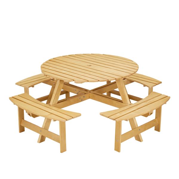 Outdoor 8 Person Picnic Table, 8 person Round Picnic Table with 4 Built-in Benches, Umbrella Hole, Outside Table and Bench Set for Garden, Backyard, Porch, Patio,  Natural