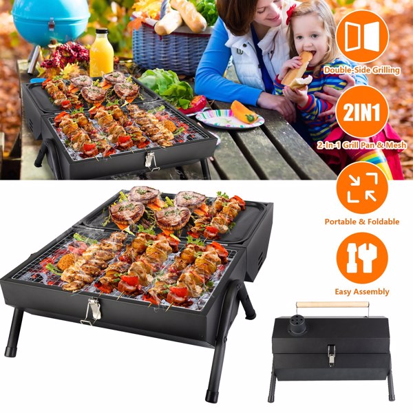 Portable Charcoal Grill Two Side Small BBQ Grill Folding Outdoor Stove Barbecue Smoker with 1Pc Grill Pan 2Pcs Grill Mesh