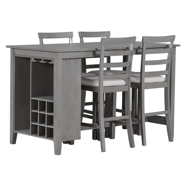 5-Piece Multi-Functional Rubber Wood Counter Height Dining Set with Padded Chairs and Integrated 9 Bar Wine Compartment, Wineglass Holders for Dining Room (Gray)