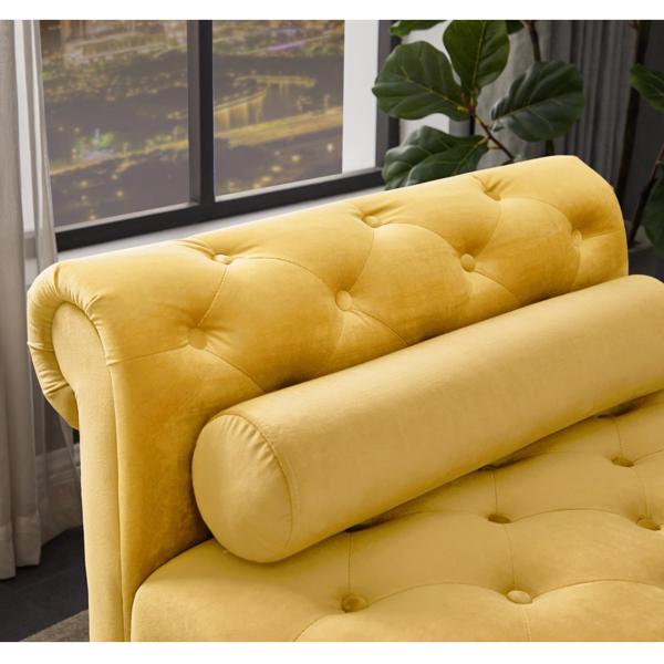 Yellow, Solid Wood Legs Velvet Rectangular Sofa Bench with Attached Cylindrical Pillows 