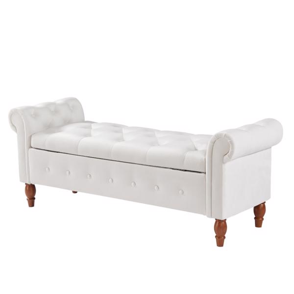 Beige, Solid Wood Legs, Velvet Bedroom End of Bed Storage Bench, Rolled Side Sofa Bench, Toy Storage Bench