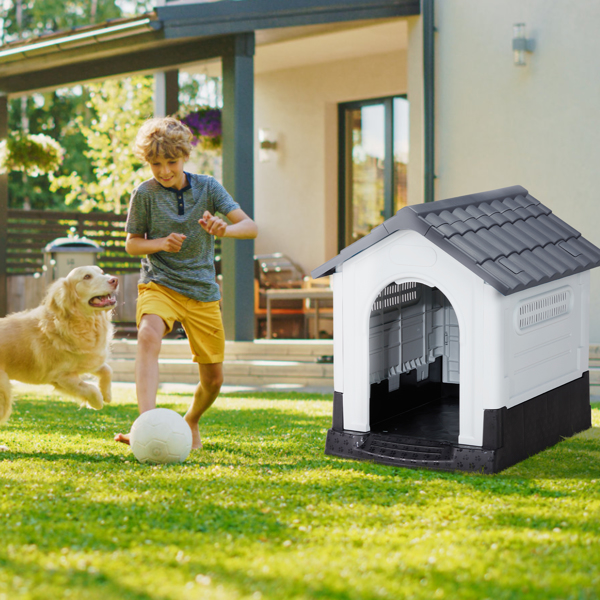 33 inch Large Plastic Dog House, Indoor Outdoor Doghouse Pet House with Air Vents and Elevated Floor, Insulated Water Resistant Puppy Shelter Kennel, Gray & White