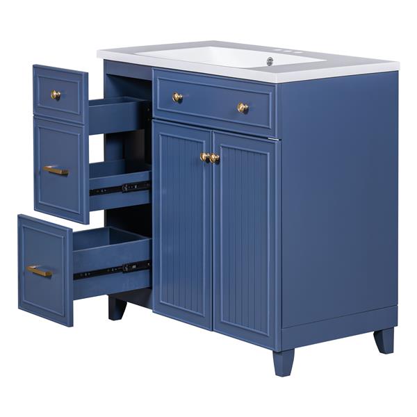 36-inch Bathroom Vanity, Transitional Style Bathroom Cabinet with Resin Sink, Navy Blue Single Bathroom Cabinet, with 2 Drawers and 1 Adjustable Storage Shelf, 2 Soft-close Doors