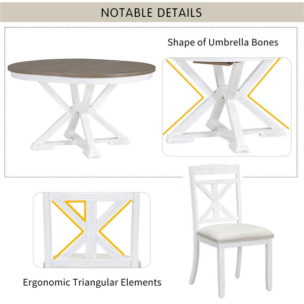 5-Piece Retro Functional Dining Table Set Extendable Round Table and 4 Upholstered Chairs for Dining Room and Living Room (Brown+Antique White)